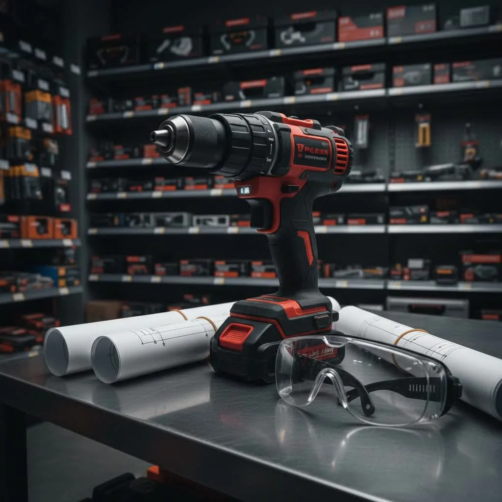 Electric drill with various drill bits and accessories