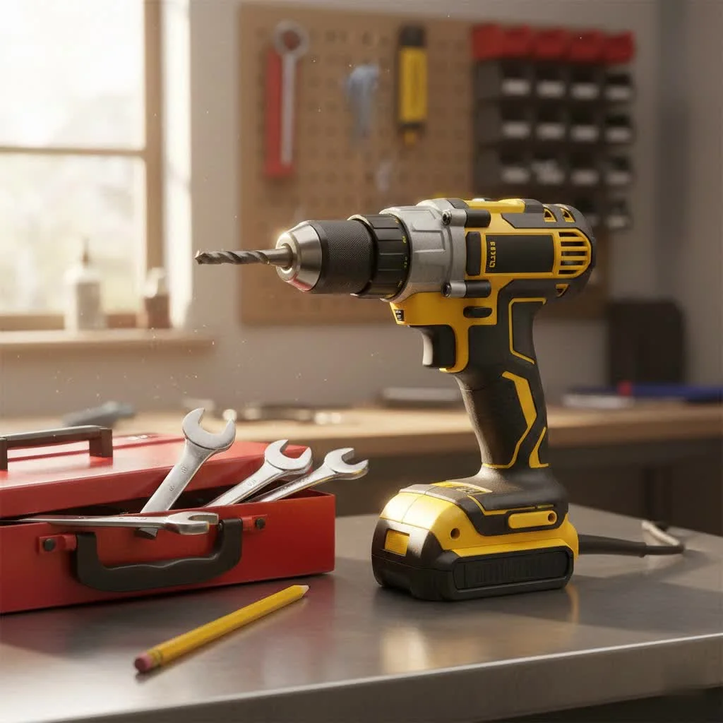 Cordless electric drill on a workbench